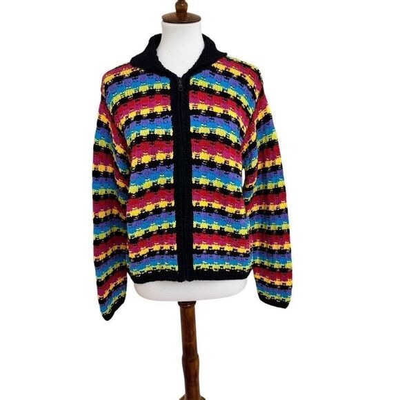 Marisa Christina Knitted by Hand Black Rainbow Full Zip Sweater Cardigan Large - Picture 1 of 5